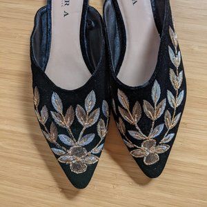 Zara Black Velvet Slides Gold/Silver Embroidery